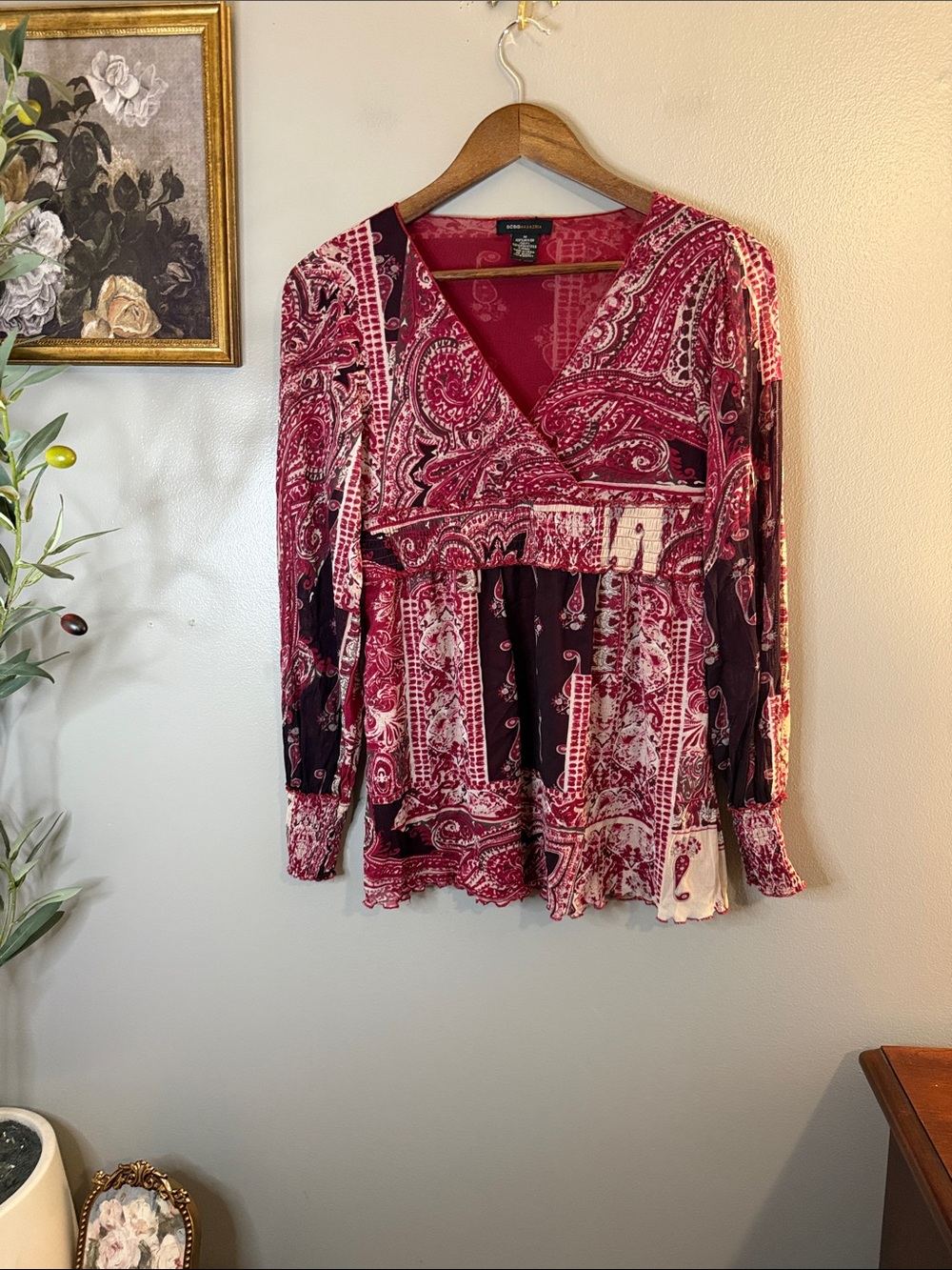 BCBGMAXAZRIA Paisley Boho Smocked Waist Long Sleeve Blouse M - Picture 2 of 8